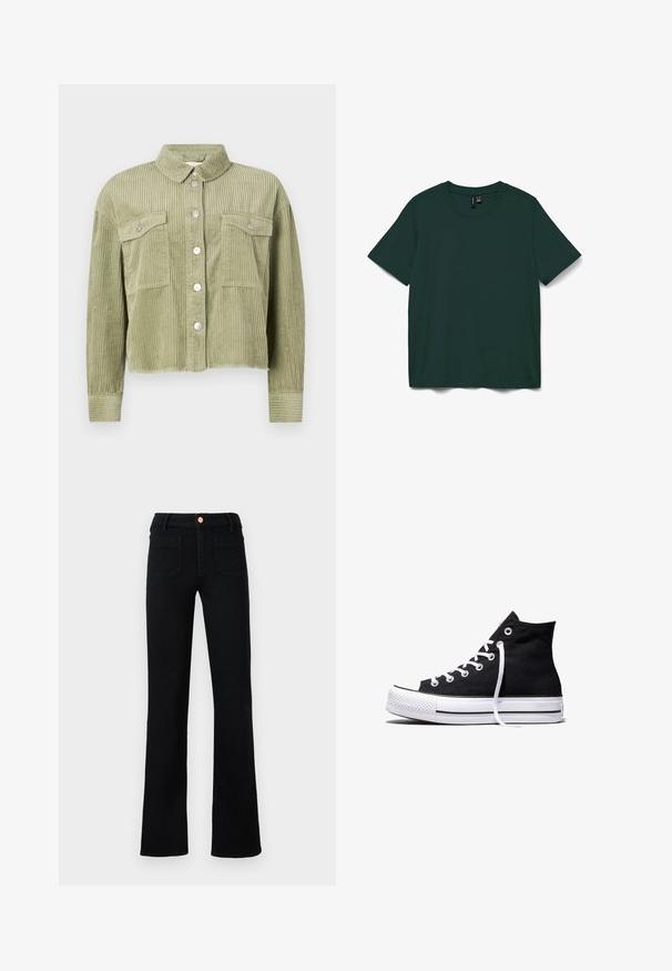 Grøn kordfløjl skjortejakke med et struktureret, ribbet design, to brystlommer og sølvknaplukning foran. Kortet fit med en slidset kant.; Mørkegrøn kortærmet t-shirt lavet af blødt stof. Har en rund halsudskæring og et enkelt, lige snit. Ingen mønstre eller udsmykning.; Sorte højtaljede lige ben jeans med frontlomme og kobberknaplukning på en neutral baggrund.; Sort high-top canvas sneaker med hvid gummisål og hvide snørebånd, vist fra siden mod en hvid baggrund.