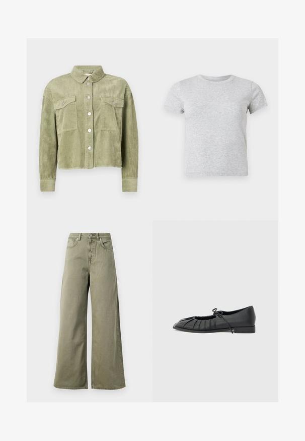 Grøn kordfløjl skjortejakke med et struktureret, ribbet design, to brystlommer og sølvknaplukning foran. Kortet fit med en slidset kant.; Lysegrå T-shirt med korte ærmer og rund hals, med en blød, meleret struktur, vist mod en ensfarvet hvid baggrund.; Højtaljede, olivengrønne vide jeans med frontknap, lynlås og fem lomme-design på en hvid baggrund.; Sort flad sko med plisseret forstykke og bundet sløjfe på toppen, lav hæl og glat tekstur på en lysegrå baggrund.
