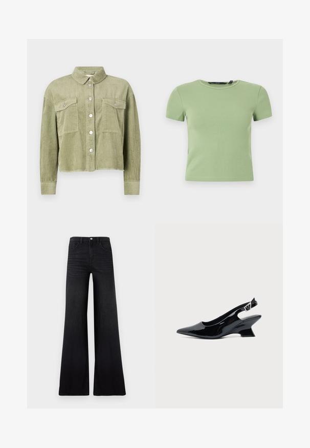 Veste en velours côtelé vert avec un design texturé et côtelé, deux poches poitrine et une fermeture à boutons argentés sur le devant. Coupe raccourcie, avec un ourlet effiloché.; Crop top court à manches courtes côtelé vert clair avec col rond et coupe ajustée sur fond blanc.; Jean noir à jambes larges en denim, avec une taille haute, des poches avant, et une finition lisse et texturée avec une décoloration minimale.; Chaussure slingback en cuir verni noir avec bout pointu et petit talon bloc incliné sur fond clair uni.