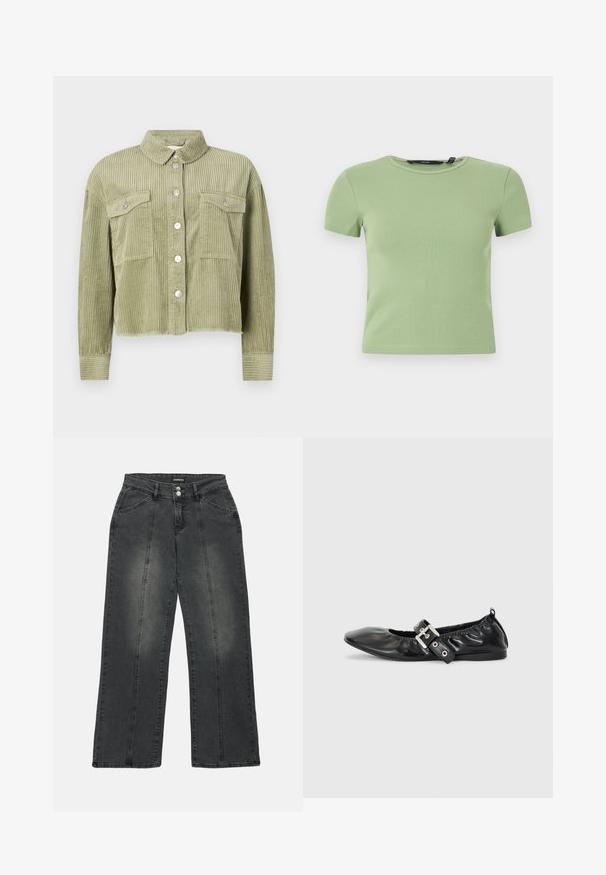 Veste en velours côtelé vert avec un design texturé et côtelé, deux poches poitrine et une fermeture à boutons argentés sur le devant. Coupe raccourcie, avec un ourlet effiloché.; Crop top court à manches courtes côtelé vert clair avec col rond et coupe ajustée sur fond blanc.; Jeans à jambes larges en denim gris foncé. Comprend une fermeture à bouton, deux poches avant et des coutures verticales pour le détail. Zones abîmées présentes.; Chaussure plate en cuir noir avec un nez pointu, des détails froncés autour de l'ouverture et un accent en boucle argentée sur la bride ajustable.
