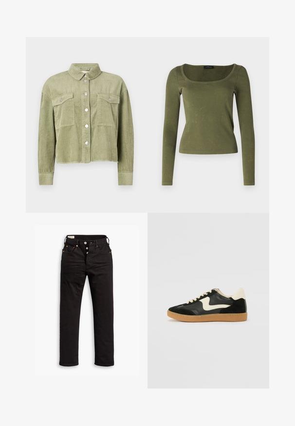 Groene corduroy shirtjack met een gestructureerd, ribbelig ontwerp, twee borstzakken en een sluiting met zilveren knopen aan de voorkant. Verkorte pasvorm met een rafelige zoom.; Olijfgroen langemouwen top gemaakt van ribgebreide stof, met een vierkante halslijn en een aansluitend ontwerp. Kenmerkende textuur met subtiele patronen.; Zwarte rechtlopende jeans met knoopsluiting, voor- en achterzakken, en koperen klinknagels op een witte achtergrond.; Zwarte suède en leren sneaker met een crèmekleurige zij-swoosh en lichte crèmekleurige hiel. Voorzien van beige veters en een gumrubberen zool.