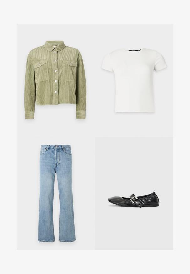 Groene corduroy shirtjack met een gestructureerd, ribbelig ontwerp, twee borstzakken en een sluiting met zilveren knopen aan de voorkant. Verkorte pasvorm met een rafelige zoom.; Wit geribbeld gebreid T-shirt met korte mouwen en een ronde hals, weergegeven op een effen lichtgrijze achtergrond.; Lichtblauwe hoge taille spijkerbroek met knoopsluiting, voor- en achterzakken, en rechte pijpen op een witte achtergrond.; Zwarte leren platte schoen met een spitse neus, geplooide details rond de opening en een zilveren gespaccentueerde verstelbare band.