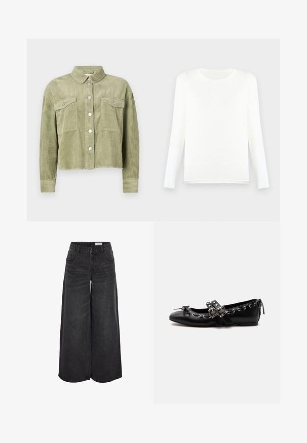 Grüne Cordjacke mit strukturiertem, geripptem Design, zwei Brusttaschen und silberner Knopfleiste. Taillierte Passform mit fransigem Saum.; Langärmeliges weißes T-Shirt aus weichem Stoff, mit rundem Ausschnitt und geradem Saum, ohne sichtbare Muster oder Verzierungen.; Schwarzfarbene, weit geschnittene Jeans mit hoher Taille, Fronttaschen und subtiler Struktur; für eine lockere Passform entworfen.; Schwarzer flacher Ballettschuh mit doppelten Schnallenriemen, silbernen Ösen und einer kleinen Schleife nahe der abgerundeten Spitze auf weißem Hintergrund.