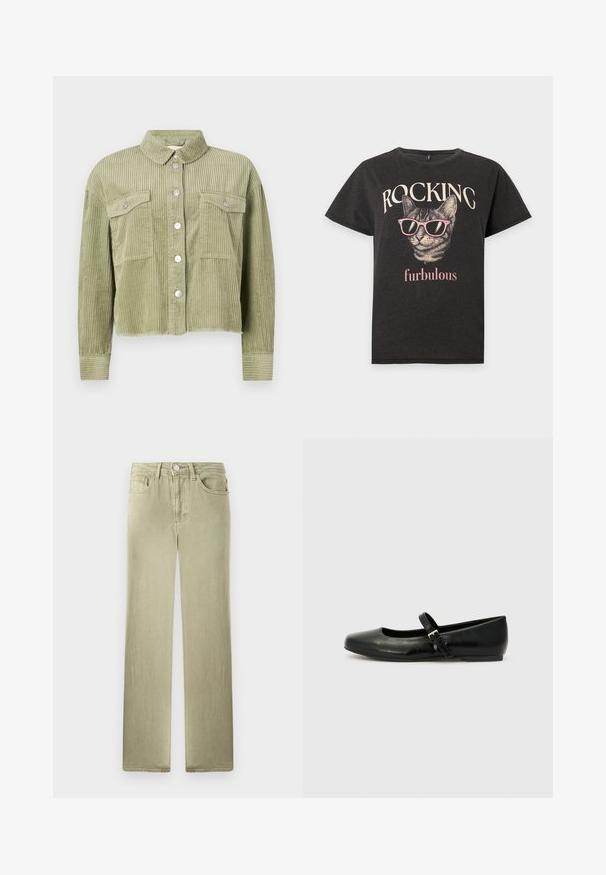 Groene corduroy shirtjack met een gestructureerd, ribbelig ontwerp, twee borstzakken en een sluiting met zilveren knopen aan de voorkant. Verkorte pasvorm met een rafelige zoom.; Zwart T-shirt met een kat die roze zonnebrillen draagt en de woorden "ROCKING" boven en "furbulous" onder de kattenafbeelding.; Beige rechte spijkerbroek met voor- en achterzakken, knoop- en ritssluiting, gepresenteerd tegen een witte achtergrond.; Zwarte leren balletschoenen met een ronde neus, een platte zool en een dunne verstelbare band over de wreef met een metalen gesp.