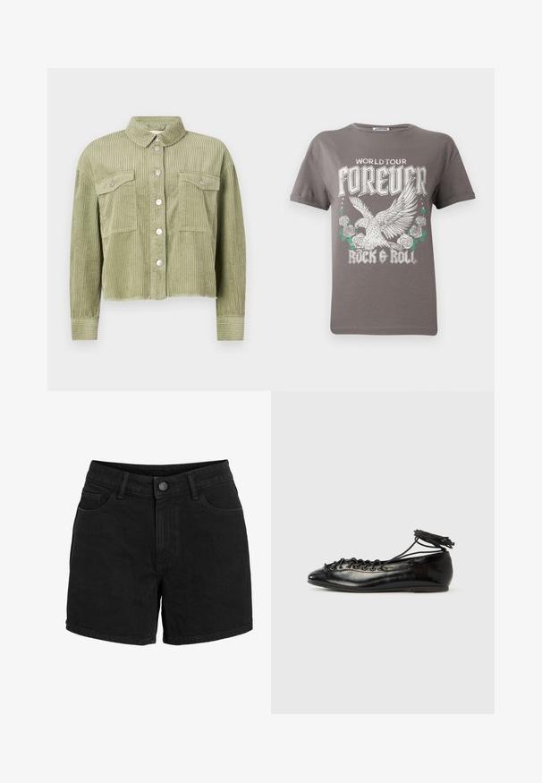 Groene corduroy shirtjack met een gestructureerd, ribbelig ontwerp, twee borstzakken en een sluiting met zilveren knopen aan de voorkant. Verkorte pasvorm met een rafelige zoom.; Grijze katoenen t-shirt met een grote afbeelding van een adelaar en rozen, met de tekst "WORLD TOUR FOREVER ROCK & ROLL" in vette witte letters.; Zwarte denimshorts met knoop- en ritssluiting, riemlussen, voor- en achterzakken, weergegeven op een witte achtergrond.; Zwarte ballerina's van lakleer met een afgeronde neus, veterdesign en een platte zool. Glad oppervlak met minimale details.