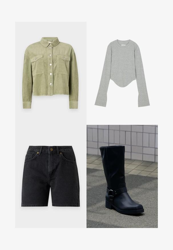 Grüne Cordjacke mit strukturiertem, geripptem Design, zwei Brusttaschen und silberner Knopfleiste. Taillierte Passform mit fransigem Saum.; Even&Odd Langarmshirt - grey; Schwarze Denim-Shorts mit vorderem Knopf und Reißverschluss, Gürtelschlaufen und zwei Vordertaschen.; Schwarzer Lederstiefel bis zur Mitte der Wade mit niedrigem Blockabsatz und dekorativem Riemen mit Metallschnalle um den Knöchel, auf einem gefliesten Gehweg.
