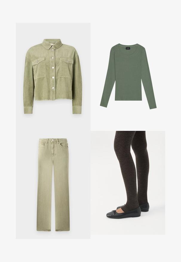 Groene corduroy shirtjack met een gestructureerd, ribbelig ontwerp, twee borstzakken en een sluiting met zilveren knopen aan de voorkant. Verkorte pasvorm met een rafelige zoom.; Langsleeve, geribbelde top in olijfgroen. Kenmerkt zich door een ronde halslijn en een aansluitend ontwerp met een gladde textuur. Gemaakt van lichtgewicht materiaal.; Beige rechte spijkerbroek met voor- en achterzakken, knoop- en ritssluiting, gepresenteerd tegen een witte achtergrond.; Benen met donkere geribbelde leggings gecombineerd met zwarte ballerina's met kleine strikdetails op een witte achtergrond.