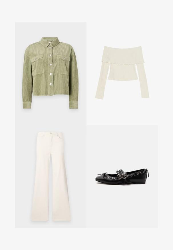Grøn kordfløjl skjortejakke med et struktureret, ribbet design, to brystlommer og sølvknaplukning foran. Kortet fit med en slidset kant.; Off-the-shoulder ribbet top i cremefarve, med en flæset halsudskæring og lange ærmer med en tætsiddende silhuet. Overordnet glat tekstur.; ONLY Wide-fit ONLMADISON High waist Wide Leg Fit - Wide leg - ecru; Sort flad balletsko med dobbelt spænde, sølvøjer og en lille sløjfe nær den runde tå på en hvid baggrund.