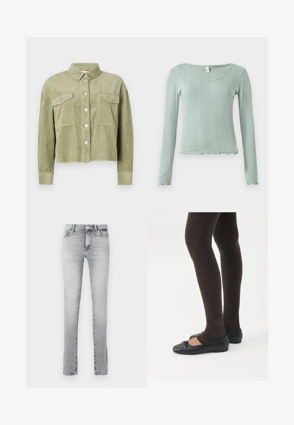 Grøn kordfløjl skjortejakke med et struktureret, ribbet design, to brystlommer og sølvknaplukning foran. Kortet fit med en slidset kant.; Lysegrøn bluse med lange ærmer, ribbet tekstur, rund halsudskæring og bølget kant. Fremstillet af blødt materiale, der fremhæver en figursyet silhuet.; Smal pasform jeans i lysegrå denim. Har klassisk fem-lomme design, frontknaplukning og subtilt slid for tekstur.; Ben iført mørke ribbede leggings kombineret med sorte balletsko med små sløjfedetaljer på hvid baggrund.