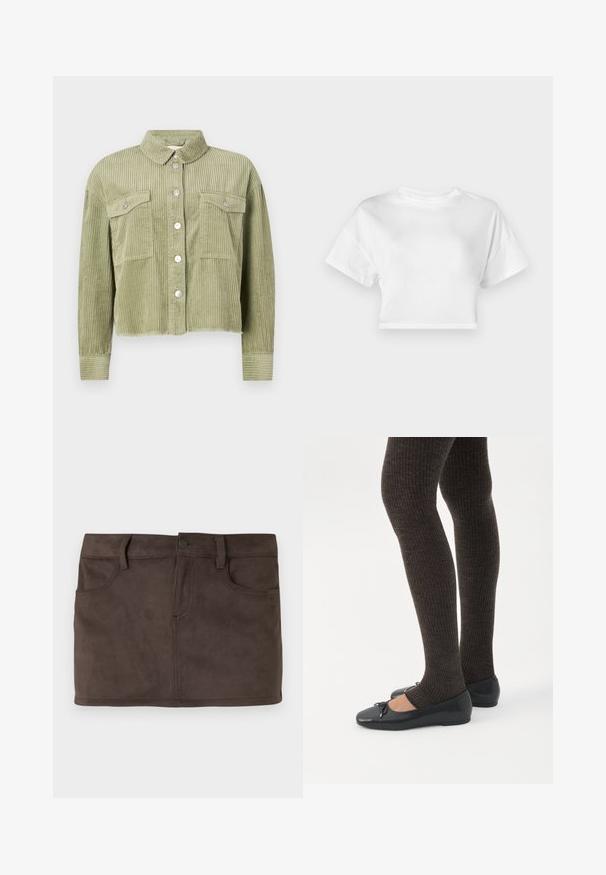 Groene corduroy shirtjack met een gestructureerd, ribbelig ontwerp, twee borstzakken en een sluiting met zilveren knopen aan de voorkant. Verkorte pasvorm met een rafelige zoom.; Witte cropped t-shirt van katoen. Korte mouwen, ronde halslijn, gladde textuur, casual ontwerp zonder patronen of versieringen.; Bruine suède minirok met twee frontzakken, riemlussen en een knoopsluiting aan de voorkant. Gladde textuur met een subtiele glans.; Benen met donkere geribbelde leggings gecombineerd met zwarte ballerina's met kleine strikdetails op een witte achtergrond.