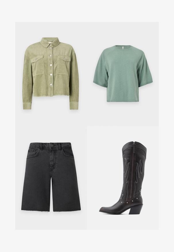 Grüne Cordjacke mit strukturiertem, geripptem Design, zwei Brusttaschen und silberner Knopfleiste. Taillierte Passform mit fransigem Saum.; Hellgrüner kurzärmeliger Strickpullover mit rundem Ausschnitt und Raglanärmeln. Glatte Textur, gerippter Saum, lockere Passform, minimalistisches Design.; Schwarze Jeans-Shorts mit ausgefranstem Saum, klassischem Fünf-Taschen-Design, Knopfverschluss und strukturierter Passform.; Braune Cowboy-Stiefel aus Leder mit Flammenstickerei, seitlichem Reißverschluss, silbernen Nieten, spitzer Zehenpartie und geschichtetem Absatz.