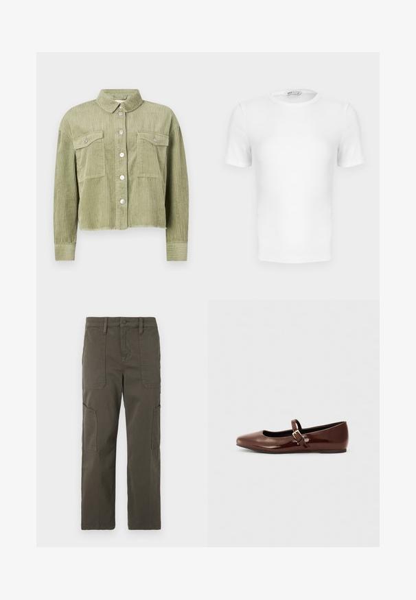 Groene corduroy shirtjack met een gestructureerd, ribbelig ontwerp, twee borstzakken en een sluiting met zilveren knopen aan de voorkant. Verkorte pasvorm met een rafelige zoom.; Witte korte mouwen geribde T-shirt met een ronde hals, een aangesloten pasvorm en een klein merklabel aan de binnenkant van de kraag.; Good American CROPPED PANTS - Cargobroek - fatigue; Bruine gepatineerde leren balletschoen met een vierkante neus en een bandje met een kleine gouden gesp. Gladde textuur, lage hak en minimalistisch ontwerp.