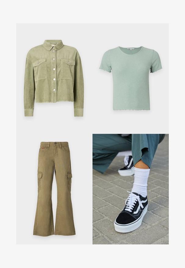 Groene corduroy shirtjack met een gestructureerd, ribbelig ontwerp, twee borstzakken en een sluiting met zilveren knopen aan de voorkant. Verkorte pasvorm met een rafelige zoom.; Lichtgroene ribgebreide katoenen t-shirt met korte mouwen en een golfrand. Heeft een ronde halslijn en een zachte textuur.; Cargo broek in olijfgroen, gemaakt van katoen. Kenmerken zijn onder meer uitlopende pijpen, meerdere zijzakken en een knoopsluiting bij de taille.; Zwarte suède sneaker met witte accenten en veters, uitgerust met een dikke witte zool en contrasterende stiksels, gecombineerd met een witte sok.