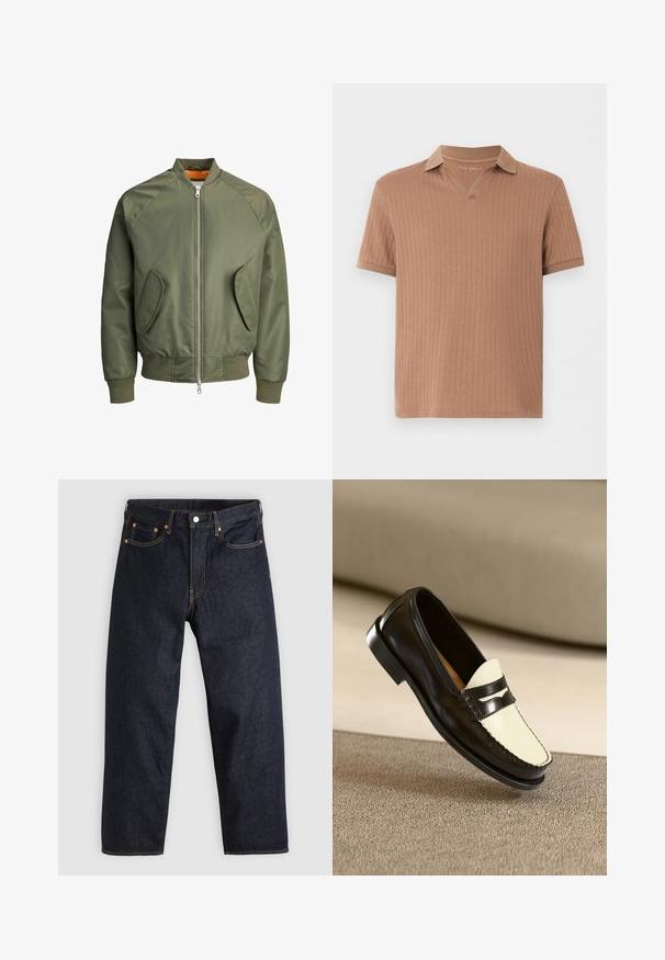 Veste bomber vert olive avec une fermeture éclair à l'avant, des manches raglan, deux poches latérales et des poignets côtelés. L'intérieur est doté d'une doublure orange vif.; Polo marron à manches courtes en tissu côtelé avec col en V, fabriqué en tissu tricoté léger.; Jean en denim bleu foncé avec une coupe droite, cinq poches, des coutures orange contrastantes et une fermeture à boutons. Pas de motifs ou d'ornements visibles.; Mocassin en cuir noir avec un empeigne crème et des rayures noires, présentant un petit talon et des coutures détaillées le long des bords.