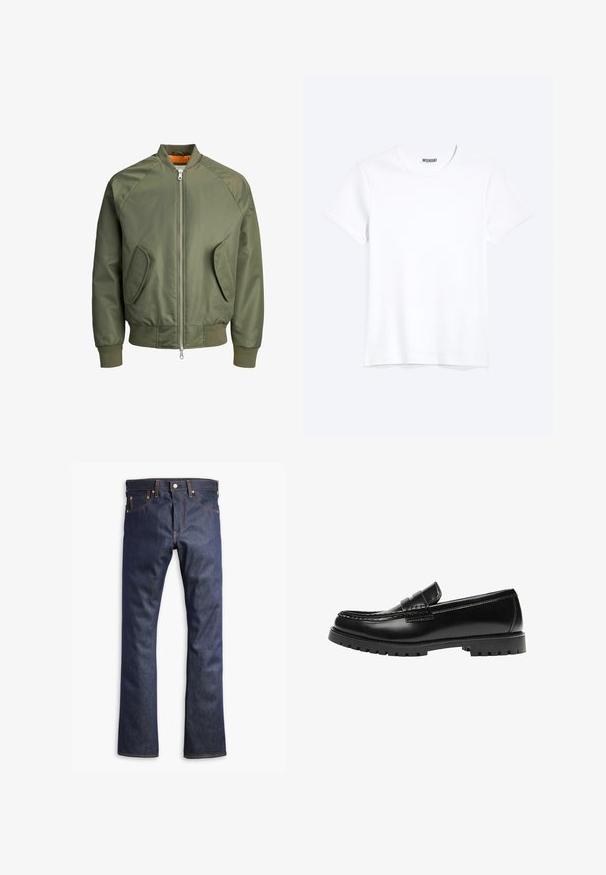 Veste bomber vert olive avec une fermeture éclair à l'avant, des manches raglan, deux poches latérales et des poignets côtelés. L'intérieur est doté d'une doublure orange vif.; T-shirt blanc uni à manches courtes et col rond avec une étiquette de la marque WEEKDAY visible au niveau du col, présenté sur un fond clair.; Jean denim bleu foncé à jambes droites avec coutures orange, bouton frontal et design à cinq poches sur fond blanc.; Mocassin en cuir noir avec une semelle en caoutchouc épaisse et un détail classique de bride à monnaie, vu de côté extérieur.