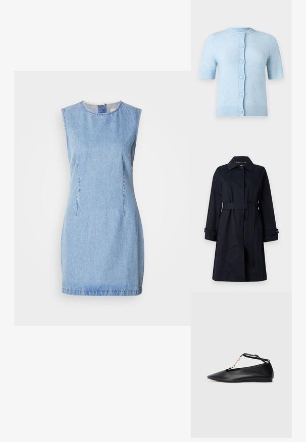 Navyblauwe trenchcoat van gladde stof, met een ceintuur in de taille, klepzakken en een klassieke kraag met knopenaccenten.; Lichtblauw kort mouwtjes vestje gemaakt van zacht materiaal, met een ronde halslijn en zes bijpassende knopen aan de voorkant.; Denim jurk in lichtblauw, mouwloos ontwerp met ronde halslijn en zijnaaddetails. Heeft een rechte snit en een lichte textuur.; Zwarte leren ballerina's met een pointed toe, uitgesneden ontwerp, enkelbandje en gouden kettingaccent. Glad oppervlak, minimale hak.