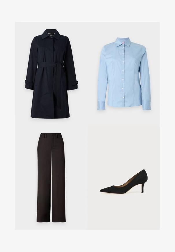 Marineblauer trenchcoat aus glattem Stoff, mit tailliertem Schnitt, Klapptaschen und klassischem Kragen mit Knopfakzenten.; Hellblaues Hemd mit langen Ärmeln, durchknöpfbar, mit spitzem Kragen, glatter Baumwollstruktur und weißen Knöpfen vorne und an den Manschetten.; Schwarze weit geschnittene Hose mit flacher Vorderseite, Gürtelschlaufen und glatter Textur, entworfen für eine maßgeschneiderte Passform. Keine sichtbaren Metallteile oder Muster.; Schwarzer Wildleder-Pumps mit spitzer Schuhspitze, schlankem mittelhohem Stiletto-Absatz und tiefem Ausschnitt auf einfachem Hintergrund.
