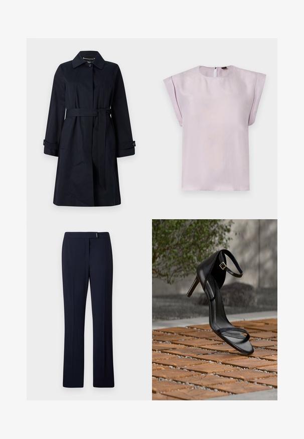 Marineblå trenchcoat lavet af glat stof, med en belagt talje, klaplommer og en klassisk krave med knapdetaljer.; Lilla silke bluse med rund halsudskæring, korte draperede ærmer og lukning med nøglehul på ryggen. Glat tekstur med et minimalistisk design.; Marineblå skræddersyede bukser lavet af et glat stof, med flad front, lige ben og en subtil sølvdetalje i taljen.; Sort højhælet sandal med ankelsnor, der ser ud til at svæve over et trægulv udendørs med sløret grønt og sten i baggrunden.