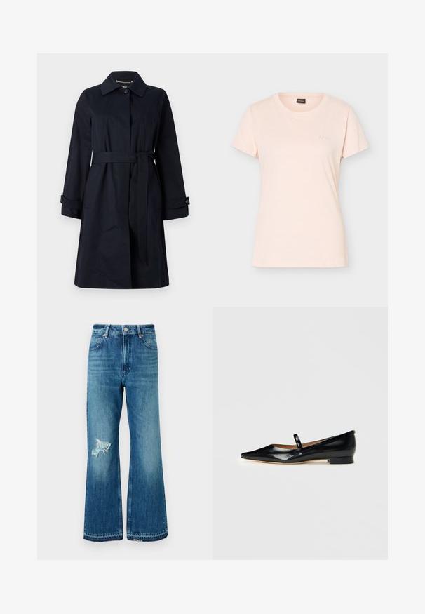 Marineblå trenchcoat lavet af glat stof, med en belagt talje, klaplommer og en klassisk krave med knapdetaljer.; Lyserød kortærmet T-shirt med rund hals og lille præget BOSS-logo på venstre bryst samt sort mærke indvendigt i kraven.; Blå denim flare jeans med en frynset kant og en slidset lap på venstre lår. Har et klassisk fem-lomme design og metalknapper.; Sorte patenterede læder Mary Jane flade sko med spids tå, én rem og lav hæl på ensfarvet baggrund.
