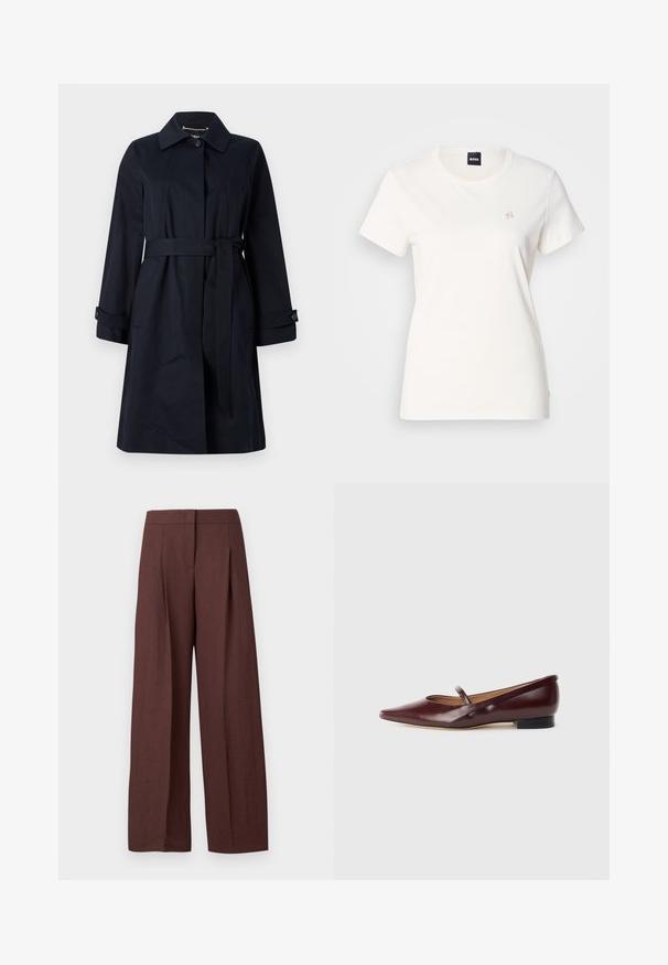 Marineblauer trenchcoat aus glattem Stoff, mit tailliertem Schnitt, Klapptaschen und klassischem Kragen mit Knopfakzenten.; Weißes Baumwoll-T-Shirt mit rundem Ausschnitt und kurzen Ärmeln. Verfügt über ein kleines, gesticktes Logo auf der Brust. Glatte Textur.; Braune, hoch taillierte, weit geschnittene Hose mit vorderen Falten und verdecktem Frontverschluss, auf weißem Hintergrund dargestellt.; Burgunderfarbene Lackleder-Ballerina mit spitzer Zehe und einem dekorativen Riemen über dem Spann. Mit einem niedrigen schwarzen Absatz.
