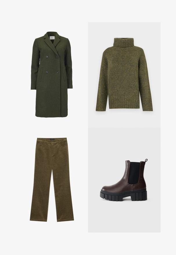 Manteau en mélange de laine vert olive avec un design croisé, col à revers, deux poches avant et boutons noirs. Texture lisse.; Vero Moda Knitted VMINGRID Knitted - Pullover - grape leaf; Pantalons en velours côtelé vert olive évasés avec cinq poches, coutures visibles et fermeture à bouton à la taille pour un maintien sûr.; Bottines en cuir marron avec des panneaux élastiques sur les côtés, semelle texturée noire et un talon épais. Dotées d'une languette à l'arrière pour un enfilage facile.