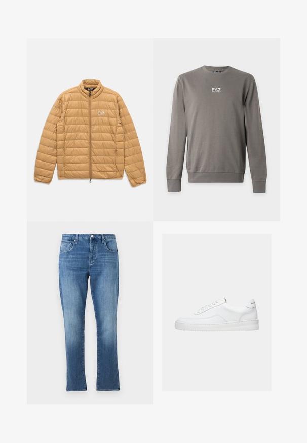 Lysebrunt polstret jakke med horisontale quiltninger, fuld front lynlås, ståkrave og hvidt EA7 Emporio Armani-logo på brystet.; Langærmet grå crewneck-sweatshirt med EA7 Emporio Armani-logo i hvid på brystet, ribstrikkede manchetter og kant.; Blå denimjeans med lige pasform, forreste knap- og lynlåslukning samt fem-lomme-design, vist på en ensartet lys baggrund.; Hvid lavt sneaker med snørelukning, glat læderoverdel og tyk sål, vist fra siden på en ensfarvet baggrund.
