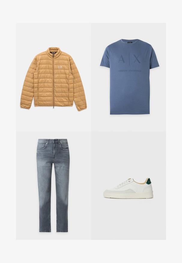 Chaqueta acolchada marrón claro con acolchado horizontal, cremallera frontal completa, cuello alto y logo blanco de EA7 Emporio Armani en el pecho.; Camiseta azul de manga corta y cuello redondo con A|X y Armani Exchange impresos en azul más oscuro en la parte delantera.; Vaqueros denim de pierna recta en gris con bolsillos delanteros, trabillas para cinturón y cierre de botón, mostrados sobre un fondo blanco.; Zapatilla blanca con acentos de ante, puntera redondeada, cordones planos y suela de goma color crema. Presenta un logo verde en el talón.