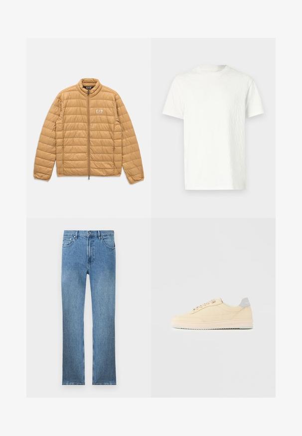 Lysebrunt polstret jakke med horisontale quiltninger, fuld front lynlås, ståkrave og hvidt EA7 Emporio Armani-logo på brystet.; Hvid t-shirt med korte ærmer, der har en let struktureret overflade og en rund halsudskæring. Ingen synlige mønstre eller hardware detaljer.; Lysblå denim jeans med lige snit, fem lommer, lynlås og kontrastsyninger. Stoffet har en glat, tekstureret overflade.; Beige lavtop sneaker med snørelukning foran, lyserød sål og grå hællap med mærket "Filling Pieces", vist i profil på ensfarvet baggrund.