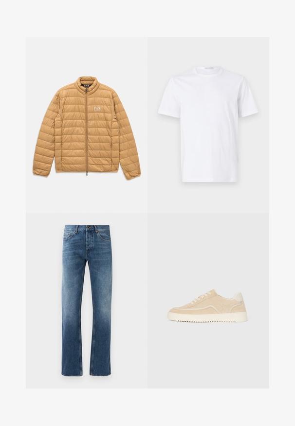 Lysebrunt polstret jakke med horisontale quiltninger, fuld front lynlås, ståkrave og hvidt EA7 Emporio Armani-logo på brystet.; Hvid bomulds t-shirt med rund halsudskæring og korte ærmer. Glat tekstur, lige snit og minimalistisk design uden mønstre eller accenter.; Blå denim jeans med lige ben design, falmede vask, fem lommer og kontrastsyning. Knap- og lynlås-lukning i taljen.; Beige ruskinds sneakers med hvid sål og snørebånd, lavtop design og zigzag mønster på sålen.
