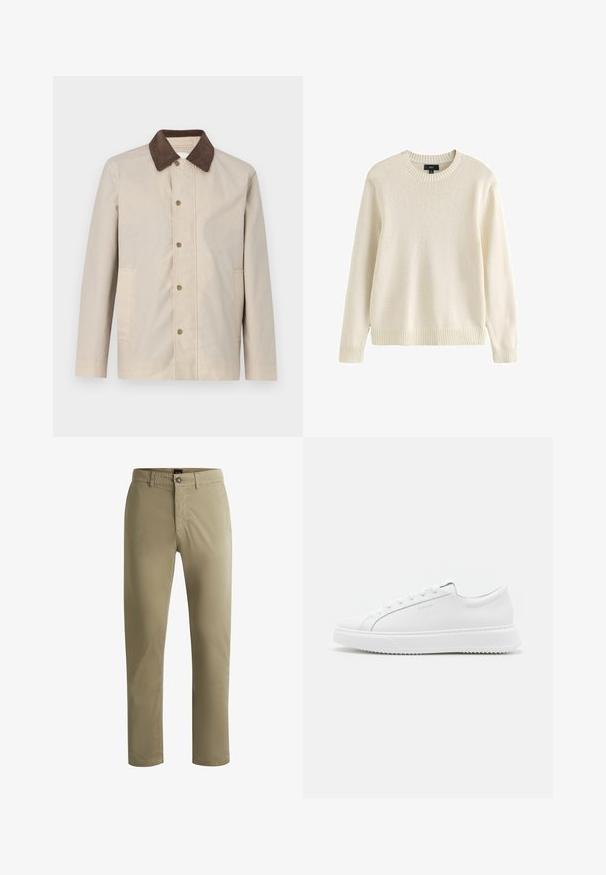 Beige jakke i et let materiale med en mørkebrun fløjlskrage og knaplukning fortil samt to sidelommer.; Flødefarvet langærmet strikket sweater med ribstrikket rund hals, ærmegab og kant, mærket størrelse medium fra mærket Next.; Chino-bukser i en lys khaki farve, lavet af glat bomuldsstof, med lynlås, knaplukning og sidelommer.; Hvide sneakers lavet af glat syntetisk materiale. Har et lavt design, forhøjet hvid sål, rund tå og snørebånd foran med fem snøre-huller.