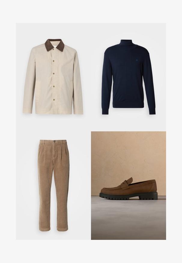 Beige jas van lichtgewicht materiaal, met een donkerbruine corduroy kraag en knoopsluiting aan de voorkant, voorzien van twee zijzakken.; Scotch & Soda TURTLENECK SWEATER - Trui - insignia blue; Bruine corduroy broeken met een hoog in de taille gesneden ontwerp, voorzien van voorplooien, een knoopsluiting en rechte pijpen. De textuur van de stof is zichtbaar.; Donkerbruine leren loafer met dikke zwarte rubberen zool, getoond boven een beige tapijt en bankachtergrond.