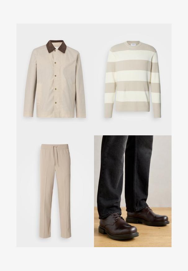 Beige jakke i et let materiale med en mørkebrun fløjlskrage og knaplukning fortil samt to sidelommer.; Beige stribet sweater med ribbet tekstur, der har brede cremede striber, rund halsudskæring og lange ærmer.; Beige, afslappede bukser lavet af blødt materiale, med elastisk talje og snøre samt lige ben med minimale detaljer.; Brune lædersko med rund tå, snørelukning og kraftig sort gummisål, parret med mørke denim bukser.