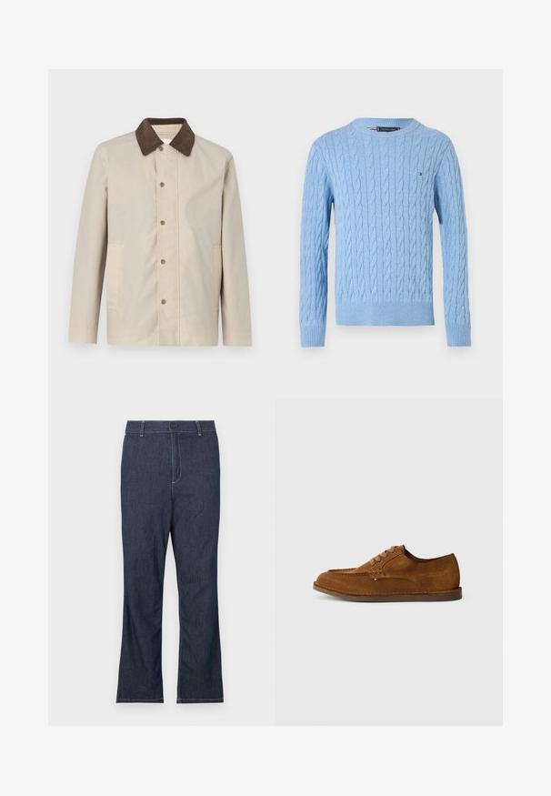Beige jakke i et let materiale med en mørkebrun fløjlskrage og knaplukning fortil samt to sidelommer.; Lyseblå strikket sweater med kabelmønster, rund halsudskæring og ribstrikkede manchetter og kant. Lille logoaccent på brystet.; Mørkeblå denimjeans med lige ben, der har lukkes med knapper og kontrastfarvet hvid syning på lommer og sømme.; Brun ruskindsko med rundet tå, dekorative syninger og seks kontrasterende snørehuller. Flad sål og minimalistisk design.