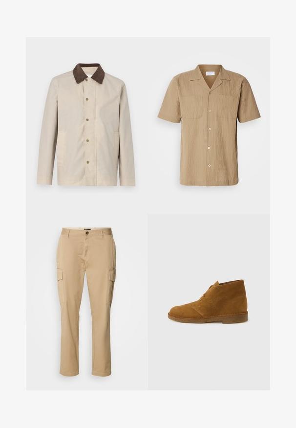 Beige jakke i et let materiale med en mørkebrun fløjlskrage og knaplukning fortil samt to sidelommer.; Kortærmet, beige skjorte lavet af struktureret stof. Har en spredt krave, to frontlommer og knaplukning i en afslappet pasform.; Beige cargo bukser lavet af bomuld. Har to sidelommer, en knaplukning og en lige ben-design. Glat tekstur, afslappet stil.; Brun ruskinds ørkenstøvle, ankelhøj, med to snørehuller og crepesål på ensartet lysegrå baggrund.