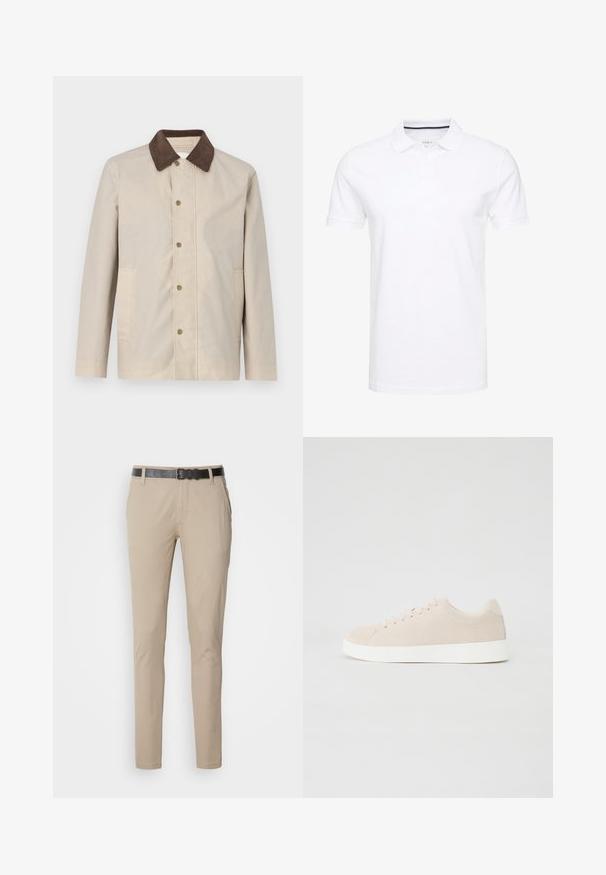Beige jakke i et let materiale med en mørkebrun fløjlskrage og knaplukning fortil samt to sidelommer.; Hvid polo t-shirt lavet af bomuld, med en traditionel krave, korte ærmer og en tre-knap lukning med diskrete marineblå accenter på indersiden.; Beige chinos med slank pasform, lavet af blødt bomuldsstof. Har et sort tekstureret bælte, to sidelommer og en glat finish.; Beige ruskindsneakers med hvide gummisåler, rund tå og seks snøringshuller. Glat tekstur med minimalisk design.