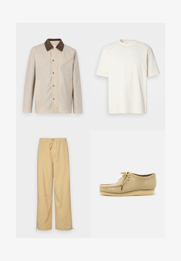 Beige jakke i et let materiale med en mørkebrun fløjlskrage og knaplukning fortil samt to sidelommer.; Lys off-white kortærmet T-shirt med rund hals, unisex design, præsenteret på en neutral grå baggrund.; Beige brede benbukser med elastisk talje, snor-detalje og lynlåse ved anklerne. Glat tekstur med subtile vertikale linjer.; Beige suedestøvle med snørebåndsdesign, syede detaljer og gummisål. Formen er afslappet med en let hæl.