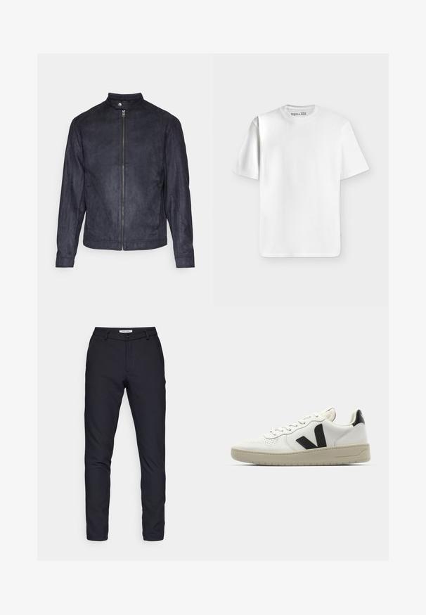 Navyblauwe suède jas met een hoge kraag, ritssluiting aan de voorkant en lange mouwen, met een gladde textuur en een minimalistisch ontwerp.; Effen wit T-shirt met korte mouwen en een ronde hals, plat liggend op een lichtgrijze achtergrond met een klein merkje aan de binnenkant van de halslijn.; Zwarte broek van solide stof, met een ritssluiting, knoopsluiting, ceintuurlussen en rechte pijpen zonder zichtbare patronen of texturen.; Witte leren sneaker met zwart V-logo, geperforeerde teen, crèmekleurige rubberen zool, platte vetersluiting en minimalistisch design.