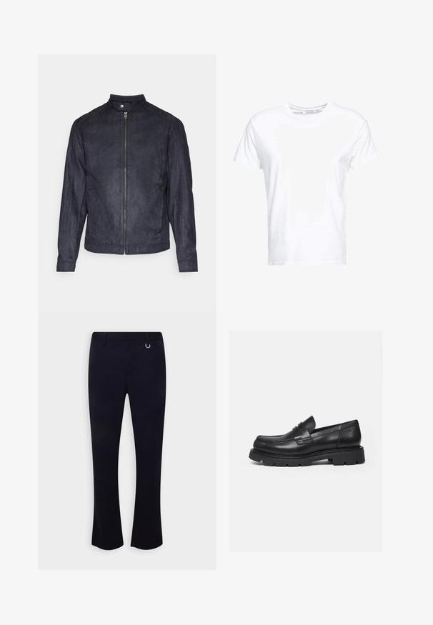 Mørkeblå ruskindsjakke med høj krave, front lynlås og lange ærmer, der har en glat tekstur og minimalistisk design.; Hvid bomulds t-shirt med rund halsudskæring og korte ærmer, i en klassisk pasform og glat tekstur. Ingen mønstre eller hardware synlige.; Only & Sons ONSLAW STRUCTURE PANT - Bukser - dark navy; Sort læderloafer med tyk rillede sål og penny-remdetalje, vist i højre sideprofil på hvid baggrund.