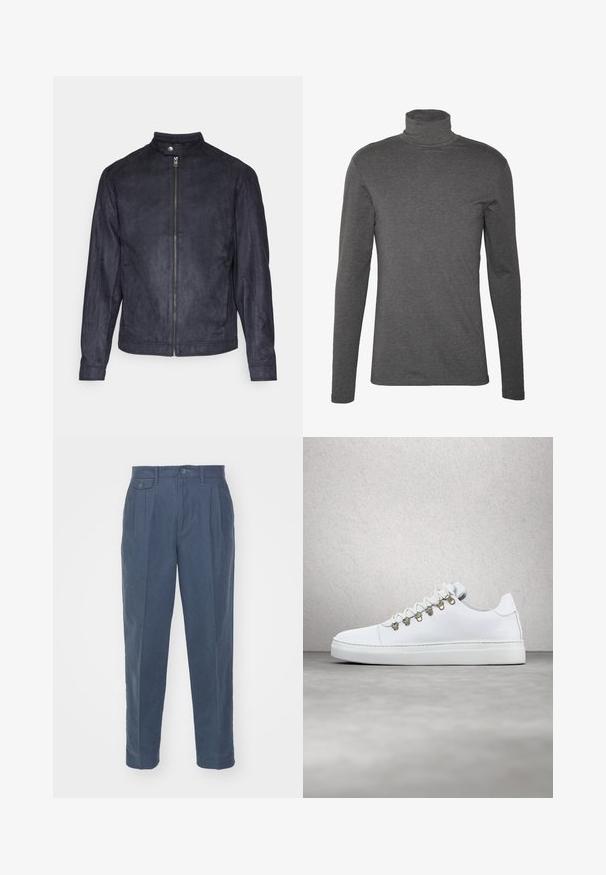 Mørkeblå ruskindsjakke med høj krave, front lynlås og lange ærmer, der har en glat tekstur og minimalistisk design.; Grå langærmet turtleneck-skjorte lavet af blødt stof, med en tætsiddende design og minimale stitching-detaljer omkring halsen og manchetterne.; Only & Sons ONSPALE NEW LOOSE PANT - Bukser - dark slate; Hvide læder sneakers med en glat tekstur, udstyret med guld metal øjer, flade hvide snørebånd og en tyk hvid sål. Minimalistisk design.