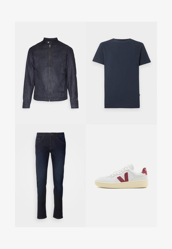 Mørkeblå ruskindsjakke med høj krave, front lynlås og lange ærmer, der har en glat tekstur og minimalistisk design.; Enkelt mørk navyblå T-shirt med korte ærmer og rund halsudskæring med et lille hvidt SELECTED-mærke inde i kraven.; Mørkeblå denim jeans med lige ben, som har forlommer, lynlås og subtile syninger.; Hvide lædersneakers med en struktureret overflade, rød V-logo på siden, beige sål og runde snørebånd. Har et klassisk low-top design.