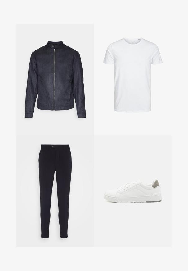 Navyblauwe suède jas met een hoge kraag, ritssluiting aan de voorkant en lange mouwen, met een gladde textuur en een minimalistisch ontwerp.; Ronde hals kortemouwen t-shirt in effen wit, gemaakt van zachte katoen, heeft een eenvoudig ontwerp zonder zichtbare patronen of accenten.; Marinelblauwe tailored broek met een slim fit, voorzien van een knoopsluiting, zijzakken en een gladde, licht gestructureerde stof.; Witte sneaker van glad leer met een ronde neus, minimalistisch ontwerp, grijze hielaccent en een geplaatste rubberen zool.