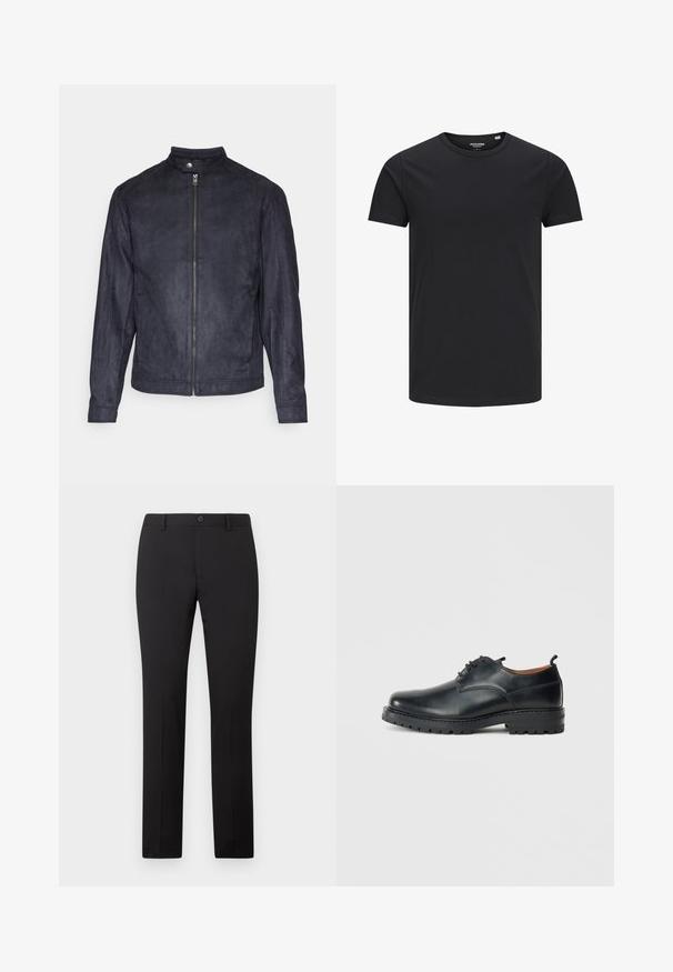 Mørkeblå ruskindsjakke med høj krave, front lynlås og lange ærmer, der har en glat tekstur og minimalistisk design.; Sort bomulds T-shirt med rund hals, korte ærmer og et enkelt design. Glat tekstur, ingen mønstre eller synligt tilbehør.; Sorte skræddersyede bukser med lige ben, som har knaplukning og bæltestropper. Fremstillet i glat stof uden synlige mønstre.; Sorte læder derby-sko med en glat overflade, rund tå, snøre-design og en tyk, robust gummisål.