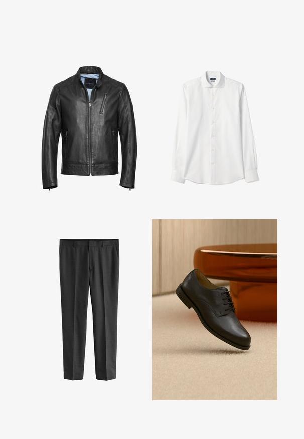 Chaqueta de motocicleta de cuero negro con cuello alzado, cierre delantero con cremallera y dos bolsillos laterales. Presenta costuras sutiles y una textura suave.; Camisa de hombre blanca de manga larga con botones en el frente, cuello estándar y puños, presentada estirada sobre un fondo blanco.; Pantalones gris tailoring de tela fina. Presentan piernas rectas, una textura suave y un sutil patrón de tejido. Bolsillos delanteros visibles.; Zapato formal de cuero negro con cordones, descansando sobre una alfombra beige frente a una mesa redonda marrón brillante en una habitación neutral.
