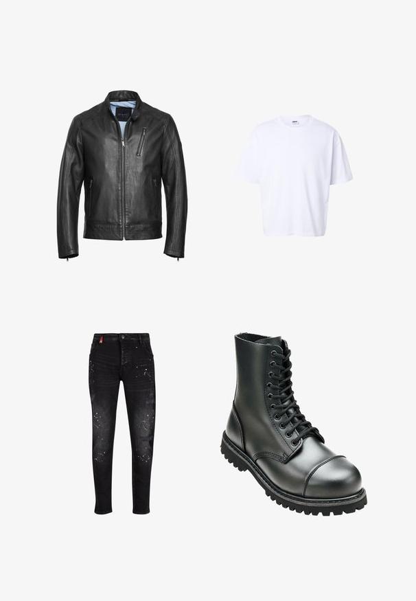 Chaqueta de motocicleta de cuero negro con cuello alzado, cierre delantero con cremallera y dos bolsillos laterales. Presenta costuras sutiles y una textura suave.; Camiseta blanca lisa de algodón, de manga corta, con cuello redondo, corte holgado y etiqueta de la marca Urban Classic dentro del cuello.; Jeans de denim negro con parches desgastados, salpicaduras de pintura blanca, cierre con cremallera y un diseño ajustado.; Bota de combate de cuero negro con tobillo alto, punta redonda, cordones en la parte delantera y suela de goma resistente con un dibujo profundo para mayor tracción.