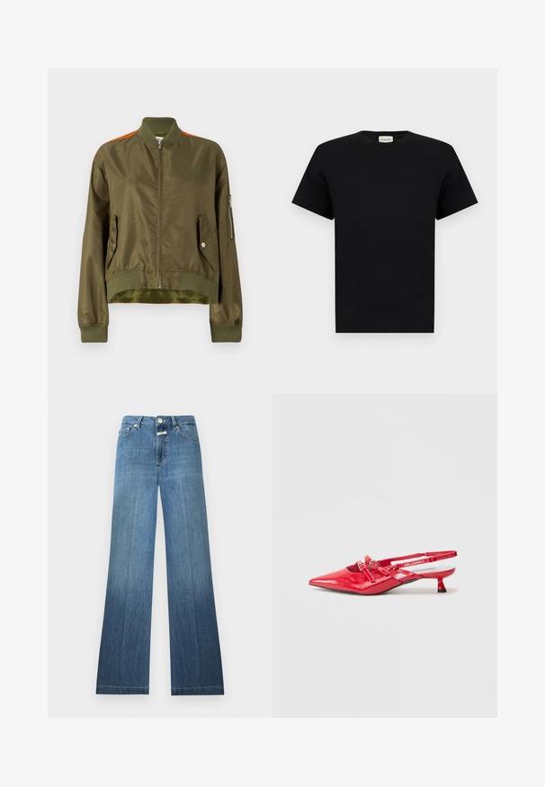 MM6 Maison Margiela Bombera - military/orange; Čierne tričko s krátkym rukávom a okrúhlym výstrihom s malou bielou štítkou na výstrihu s názvom značky "CLOSED."; Modré rifľové nohavice s vysokým pásom, zapínaním na gombík, prednými a zadnými vreckami a miernym rozšírením na spodku.; Červené lakované sandále na opätku so špičatou špičkou, vybavené dvoma ozdobnými remienkami so sponami a nízkym kužeľovitým podpätkom. Hladký povrch a lesklý finiš.