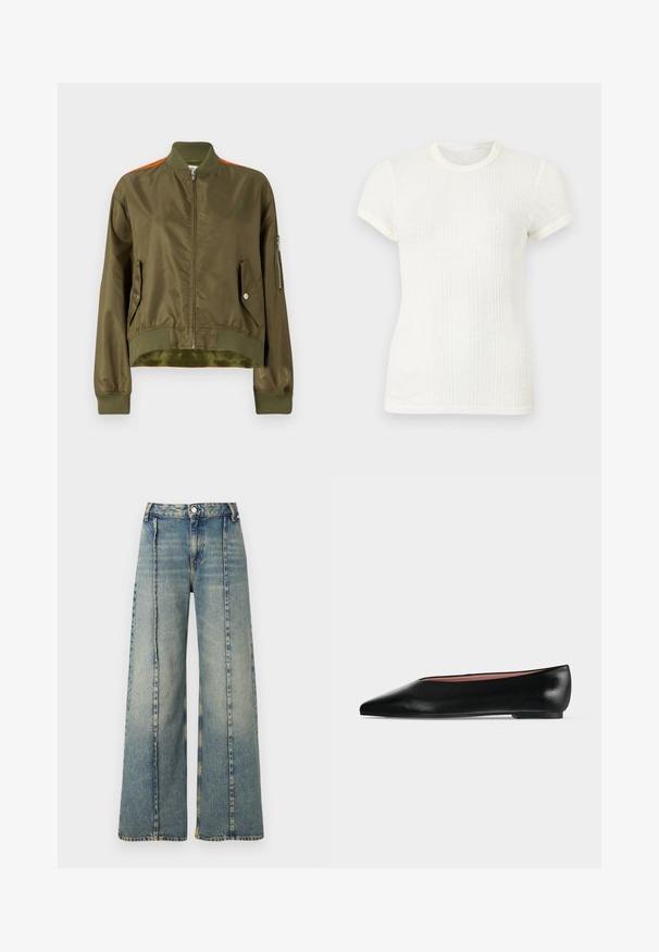 MM6 Maison Margiela Bombera - military/orange; Biele krátke rukávy rebrované pletené tričko s okrúhlym výstrihom a mierne nafúknutými rukávmi.; Modré džíny s vysokým pásom a širokými nohavicami, s prednými vertikálnymi švami, zapínaním na gombík a zips a s pútkami na opasok na bielom pozadí.; Čierna kožená dámska balerína s špicatou špičkou a nízkym opätkom, zobrazená z boku na jednoliatom svetlosivom pozadí.