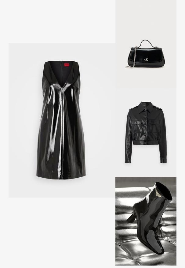 Veste en cuir noire courte avec un col pointu, fermeture à bouton sur le devant, deux poches poitrine et des poignets à boutons. Fini lisse et texturé.; Robe noire sans manches avec un décolleté en V et une finition brillante et réfléchissante; elle comprend une fermeture éclair centrale et un design minimaliste.; Botte de cheville en cuir verni noir avec un bout pointu et un talon carré. Équipée d'une plaque logo dorée et d'une finition lisse et brillante.; Sac à main en cuir noir avec une chaîne en bandoulière, forme structurée et accent logo argenté. Texture lisse avec un rabat.