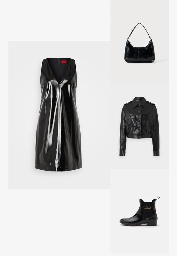 Chaqueta de cuero negra corta con cuello puntiagudo, cierre frontal con botones, dos bolsillos en el pecho y puños con botones. Acabado suave y texturizado.; Vestido negro sin mangas con escote en V y acabado brillante y reflectante; presenta una cremallera central y un diseño minimalista.; Bota de lluvia negra brillante hasta el tobillo con panel lateral elástico y "Karl" escrito en letras doradas en el costado exterior.; Bolso de mano de piel sintética negra con un asa curvada en la parte superior, cierre de cremallera y logo "cK" en relieve en el frente. Textura suave, forma estructurada.