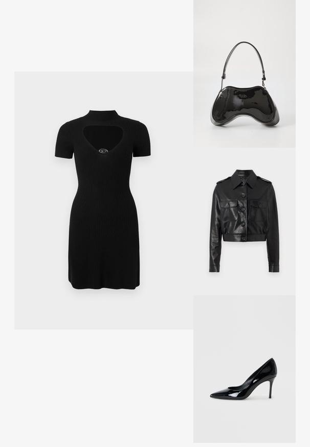 Sort cropped læderjakke med spidse krave, front lukning med knapper, to brystlommer og manchetter med knapper. Dæmpet, struktureret overflade.; Sort ribstrikket kjole med høj halsudskæring, korte ærmer og et hjerteformet udskæring på brystet med en sølvaccent.; Sorte patenterede lædersko med spids tå og en slank stilethæl. Glat tekstur med en blank finish og et minimalistisk design.; Sort patentlæder håndtaske med en unik buet form, kort justerbar hank og en lynlåslukning i toppen. Glat tekstur med diskret branding.