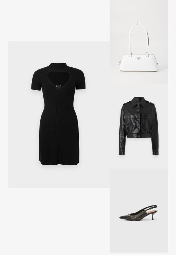 Veste en cuir noire courte avec un col pointu, fermeture à bouton sur le devant, deux poches poitrine et des poignets à boutons. Fini lisse et texturé.; Robe noire côtelée avec un col montant, des manches courtes et une découpe en forme de cœur sur la poitrine avec un accent argenté.; Escarpin à bride arrière en cuir noir avec bout pointu, petit talon et accents métalliques décoratifs le long de l'ouverture avant. Texture lisse.; Sac à main en cuir blanc avec une forme courbée, présentant un logo triangulaire argenté et une fermeture à glissière. Texture lisse et doubles poignées.
